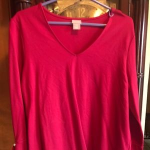 Chico’s Women's Size 2 Holly Red Knit Top W/ Pearl Detail 3/4 Sleeves